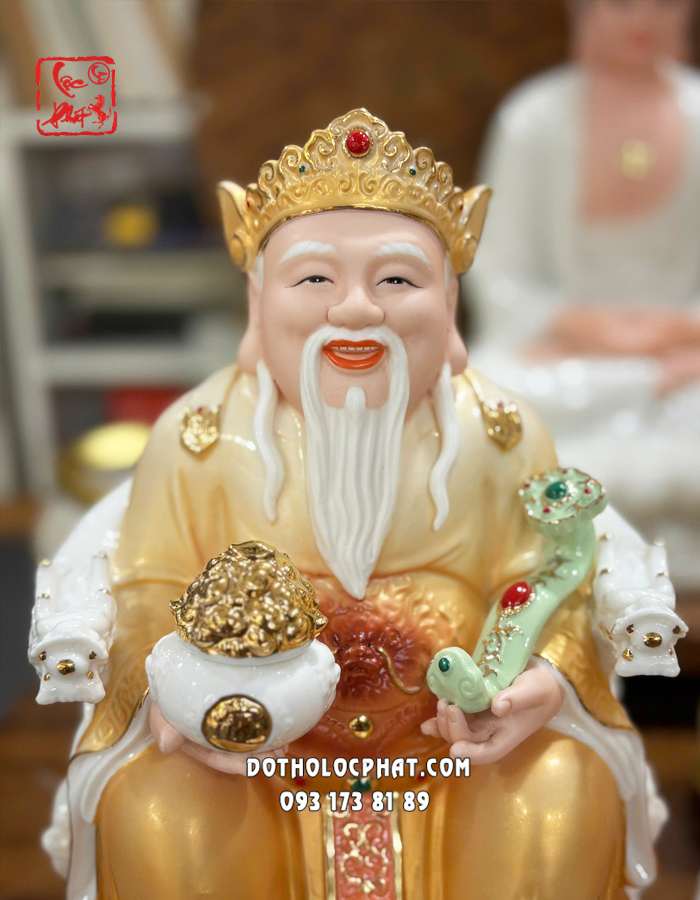 Tượng Thần Tài Thổ Địa hũ vàng áo vàng bằng sứ