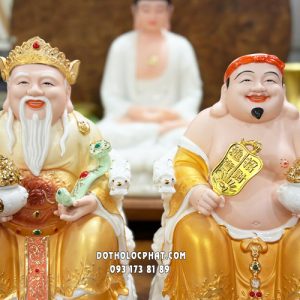 Tượng Thần Tài Thổ Địa hũ vàng áo vàng bằng sứ