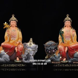 Tượng Văn Thù Phổ Hiền Bồ Tát bằng composite áo vàng cam