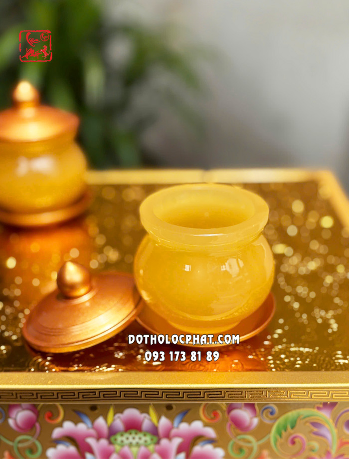 Chén nước thờ cúng đá ngọc hoàng long bọc đồng