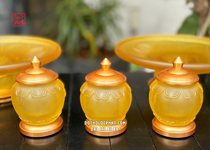Chén nước thờ cúng lưu ly bọc đồng họa tiết cánh sen