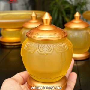Chén nước thờ cúng lưu ly bọc đồng họa tiết cánh sen