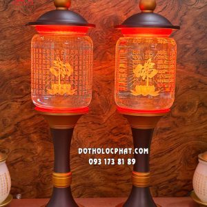 Đèn thờ pha lê tâm kinh chữ Phật thân vàng nắp ô