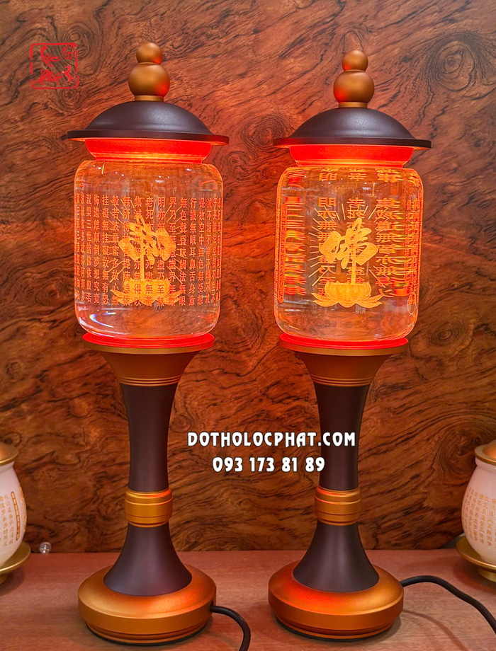 Đèn thờ pha lê tâm kinh chữ Phật thân vàng nắp ô