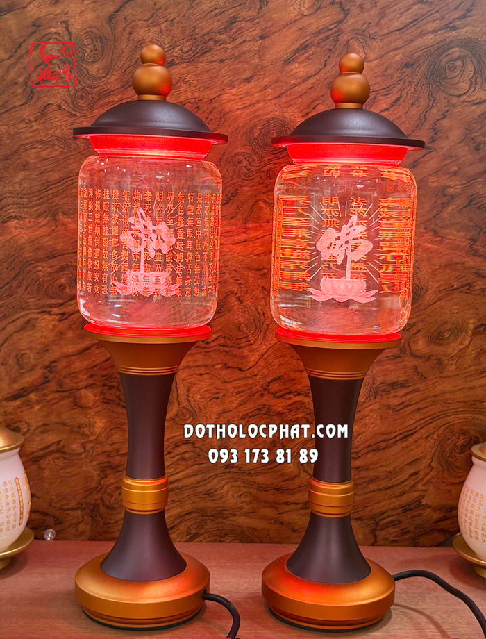 Đèn thờ pha lê tâm kinh chữ Phật thân vàng nắp ô