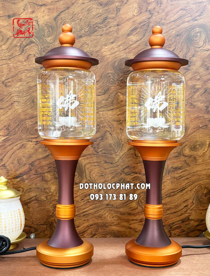Đèn thờ pha lê tâm kinh chữ Phật thân vàng nắp ô