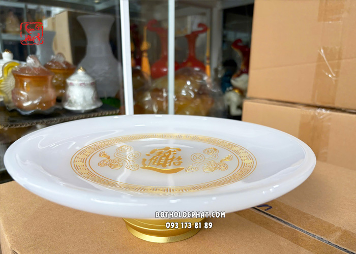 Dĩa trái cây thờ cúng bằng bột đá trắng khắc chữ chiêu tài tiến bảo