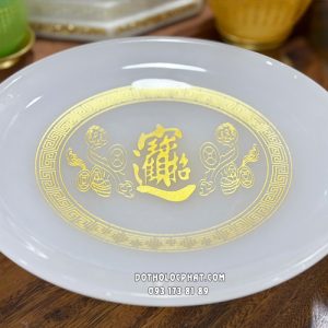 Dĩa trái cây thờ cúng bằng bột đá trắng khắc chữ chiêu tài tiến bảo