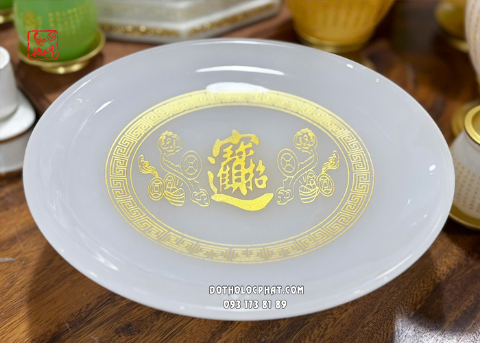 Dĩa trái cây thờ cúng bằng bột đá trắng khắc chữ chiêu tài tiến bảo