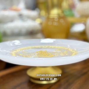 Dĩa trái cây thờ cúng bằng bột đá trắng khắc chữ chiêu tài tiến bảo