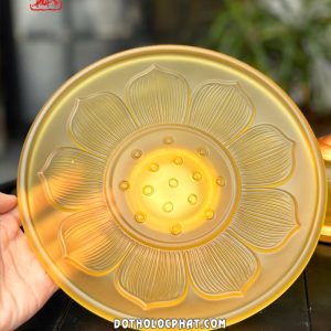 Dĩa trái cây thờ cúng bằng lưu ly vàng họa tiết hoa sen 9 cánh