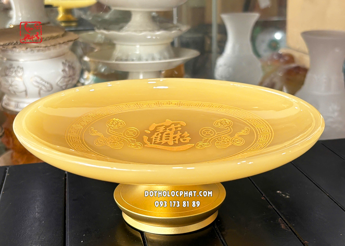 Dĩa trái cây thờ cúng bằng bột đá thạch anh chữ chiêu tài tiến bảo