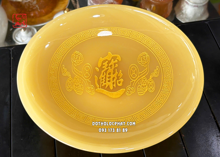 Dĩa trái cây thờ cúng bằng bột đá thạch anh chữ chiêu tài tiến bảo