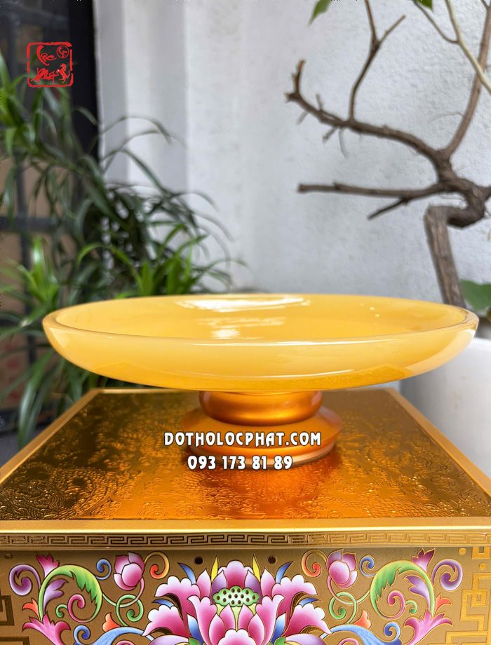 Dĩa trái cây thờ cúng đá ngọc Hoàng Long chân đế bọc đồng