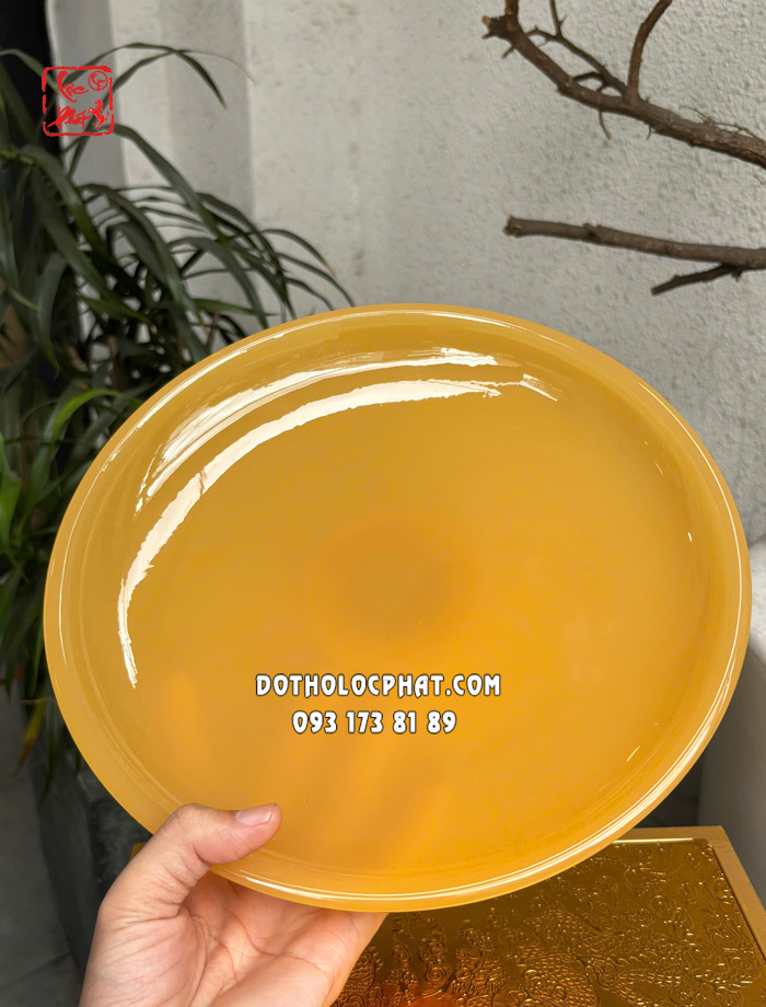 Dĩa trái cây thờ cúng đá ngọc Hoàng Long chân đế bọc đồng