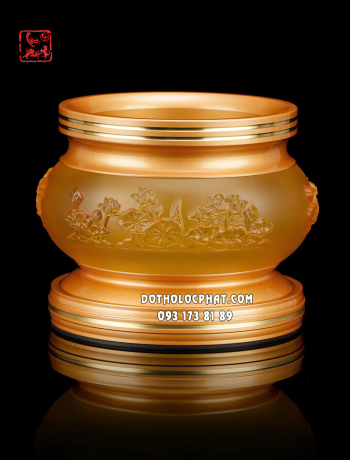 Lư hương (bát nhang) họa tiết hoa sen nổi bằng lưu ly bọc đồng cao cấp