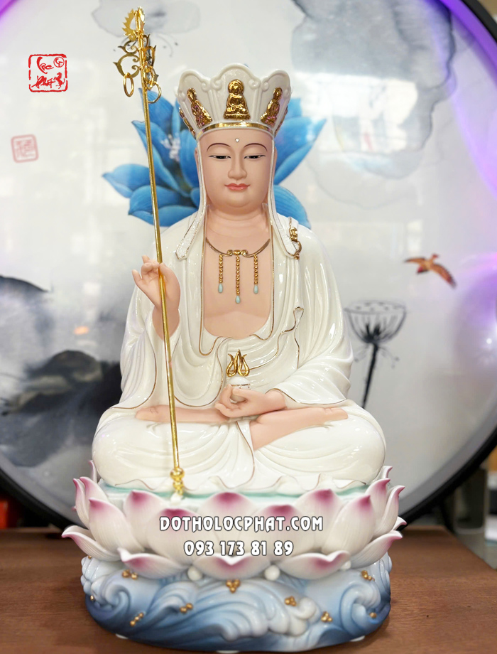 Tượng Địa Tạng Vương Bồ Tát sứ trắng đế sóng nước xanh