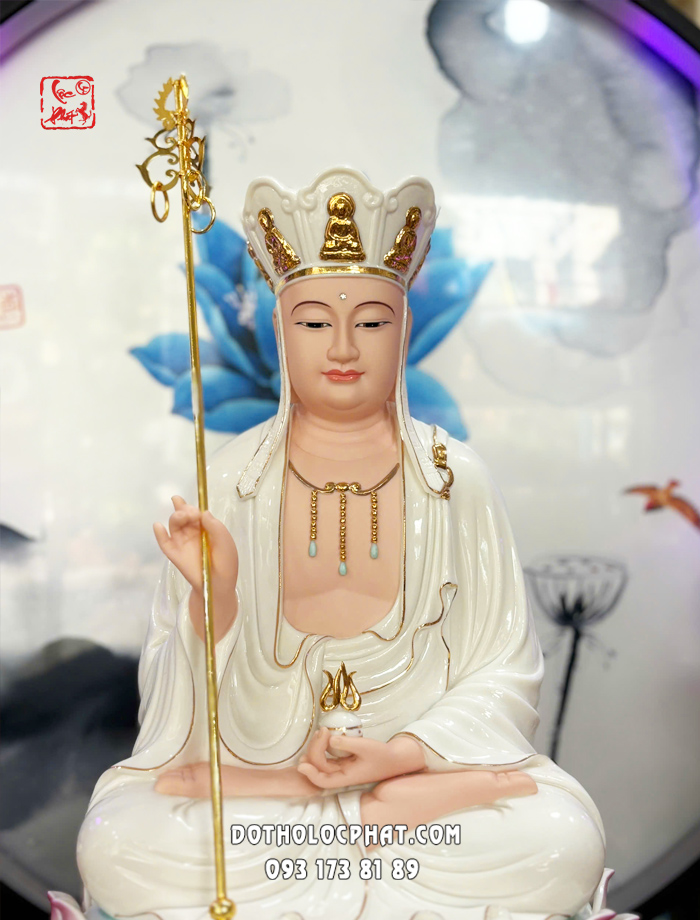 Tượng Địa Tạng Vương Bồ Tát sứ trắng đế sóng nước xanh 