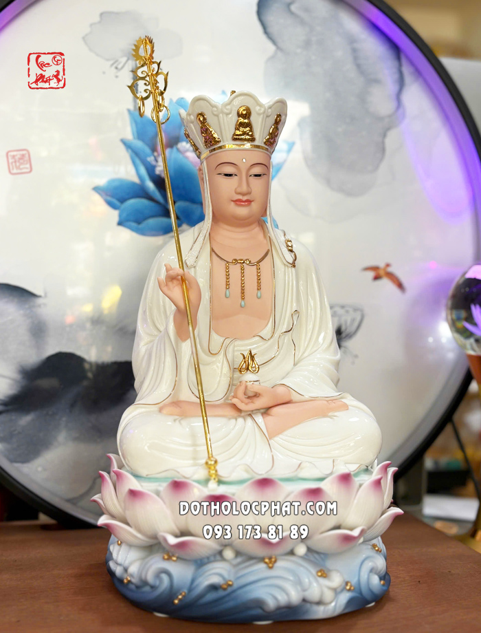 Tượng Địa Tạng Vương Bồ Tát sứ trắng đế sóng nước xanh 