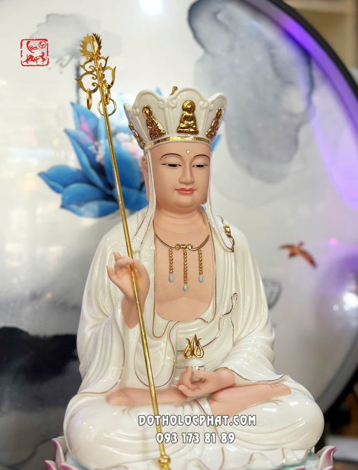 Tượng Địa Tạng Vương Bồ Tát sứ trắng đế sóng nước xanh 