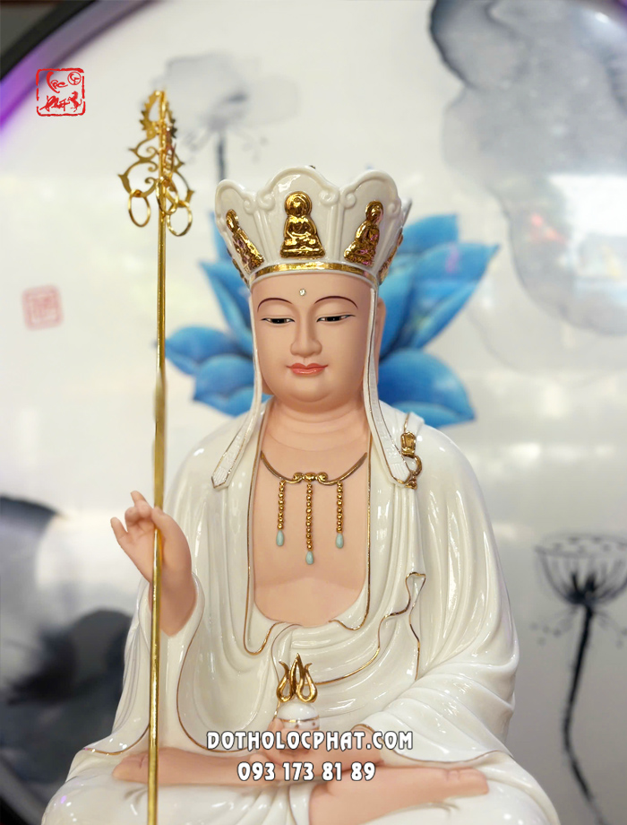 Tượng Địa Tạng Vương Bồ Tát sứ trắng đế sóng nước xanh 