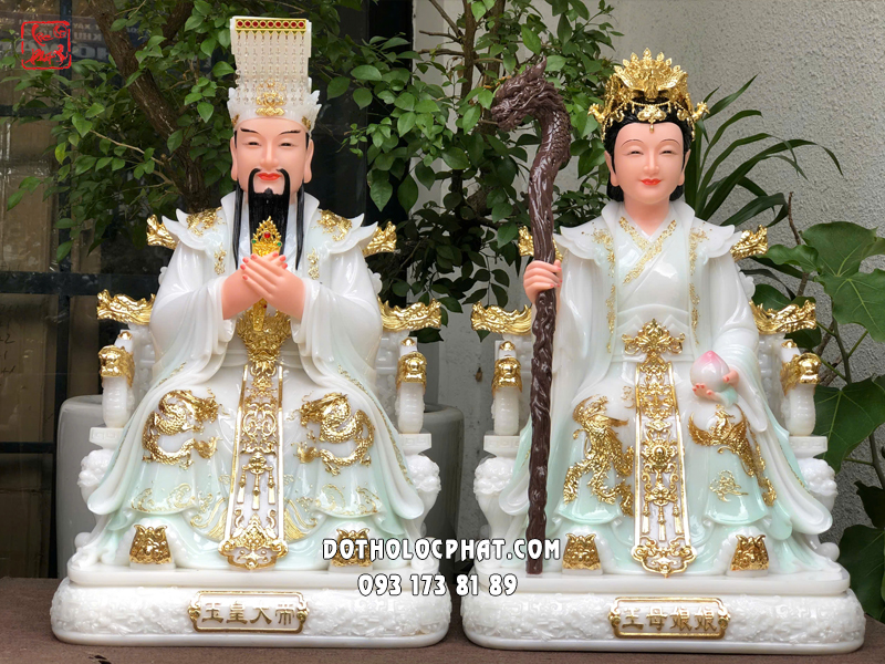 Tượng Ngọc Hoàng Vương Mẫu bột đá áo xanh viền vàng