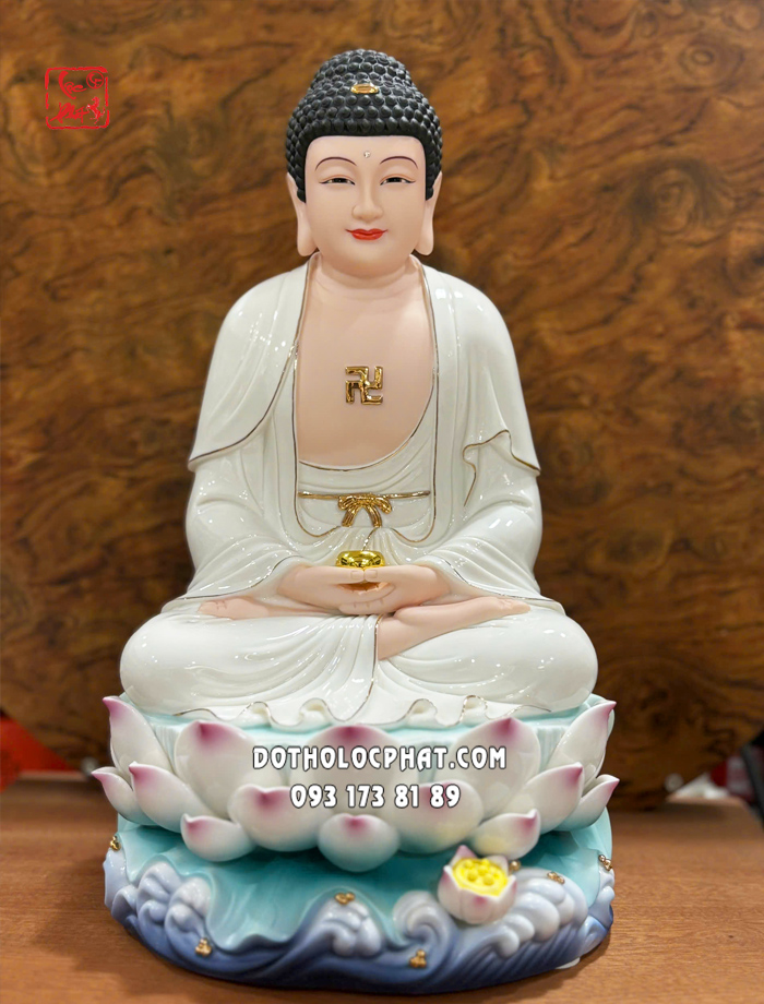 Tượng Phật A Di Đà sứ trắng đế sen hồng non nước