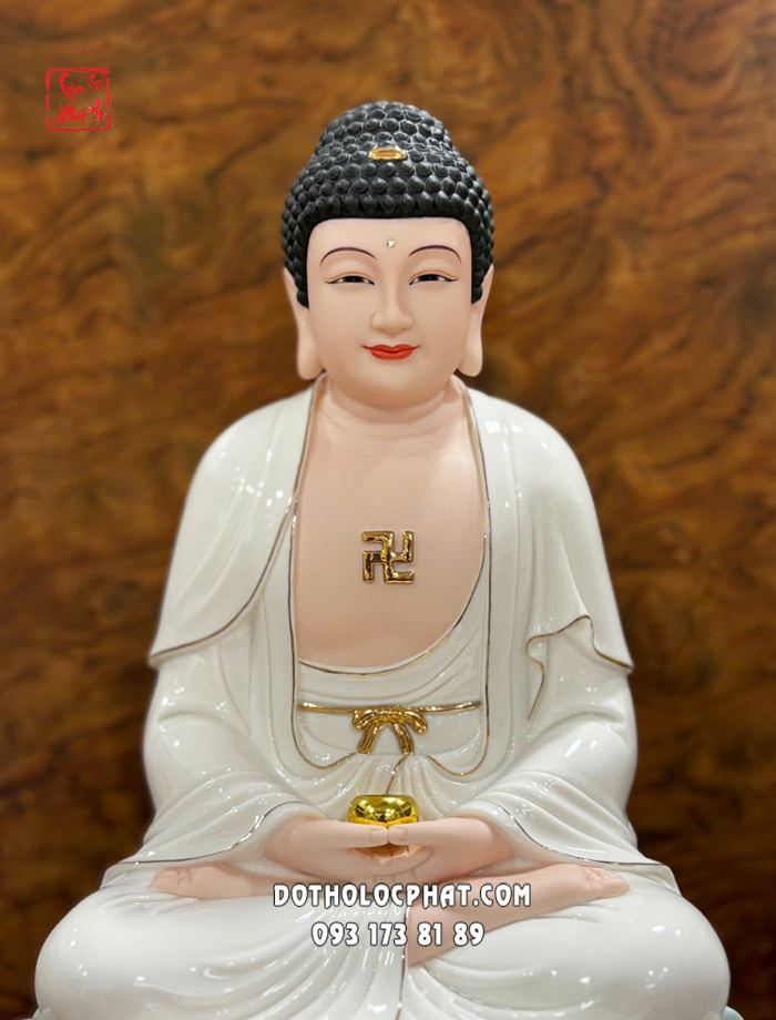 Tượng Phật A Di Đà sứ trắng đế sen hồng non nước