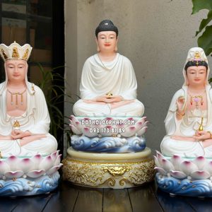Tượng Ta Bà Tam Thánh đế sen sóng nước xanh bằng sứ trắng
