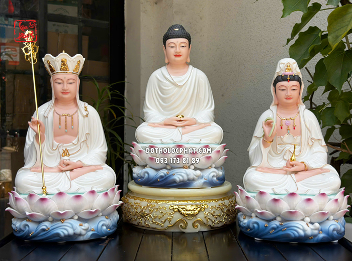 Tượng Ta Bà Tam Thánh đế sen sóng nước xanh bằng sứ trắng