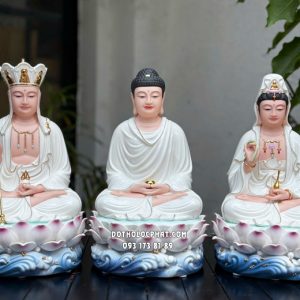 Tượng Ta Bà Tam Thánh đế sen sóng nước xanh bằng sứ trắng