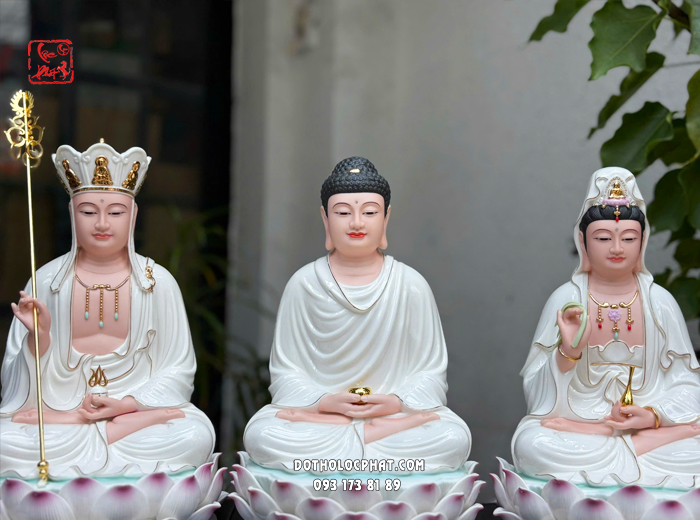 Tượng Ta Bà Tam Thánh đế sen sóng nước xanh bằng sứ trắng