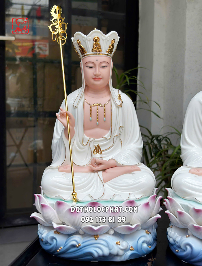 Tượng Ta Bà Tam Thánh đế sen sóng nước xanh bằng sứ trắng