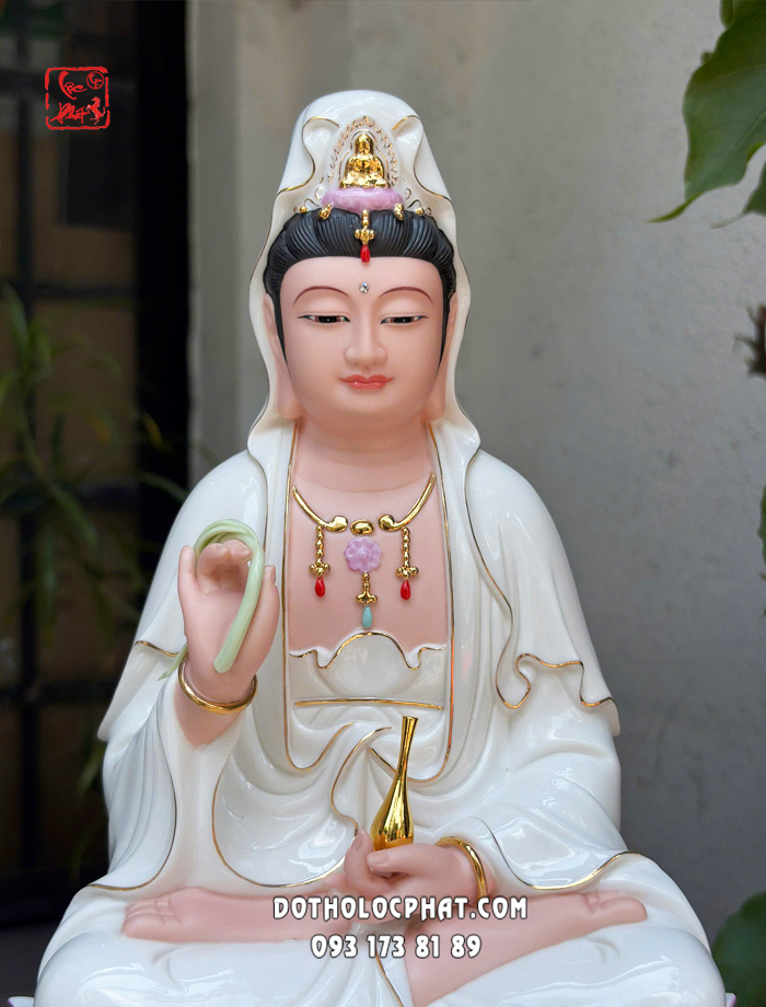 Tượng Ta Bà Tam Thánh đế sen sóng nước xanh bằng sứ trắng