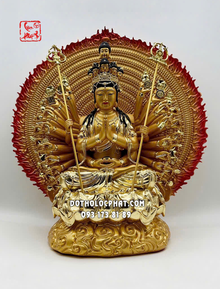 Tượng Thiên Thủ Thiên Nhãn composite màu đồng thếp vàng