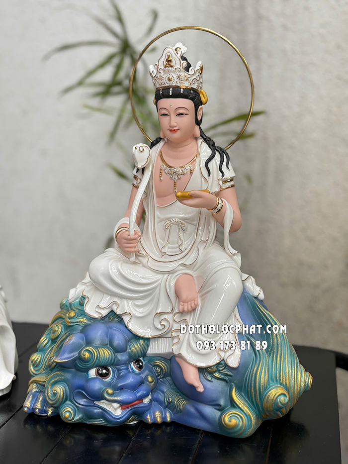 Tượng Văn Thù Bồ Tát Sứ Cưỡi Sư Tử Xanh VTPH-019