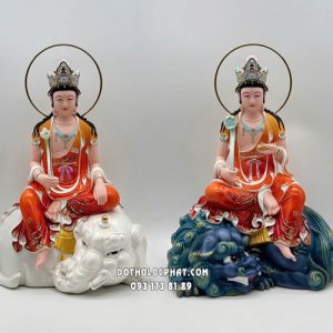 Tượng Văn Thù Phổ Hiền Bồ Tát cưỡi voi trắng sư tử xanh bằng sứ đỏ