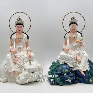 Tượng Văn Thù Phổ Hiền Bồ Tát bằng sứ trắng cưỡi sư tử xanh, voi trắng có hào quang