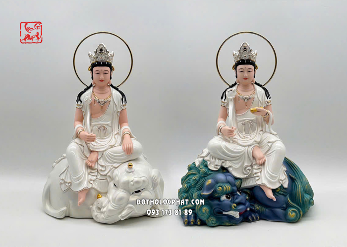 Tượng Văn Thù Phổ Hiền Bồ Tát bằng sứ trắng cưỡi sư tử xanh, voi trắng có hào quang