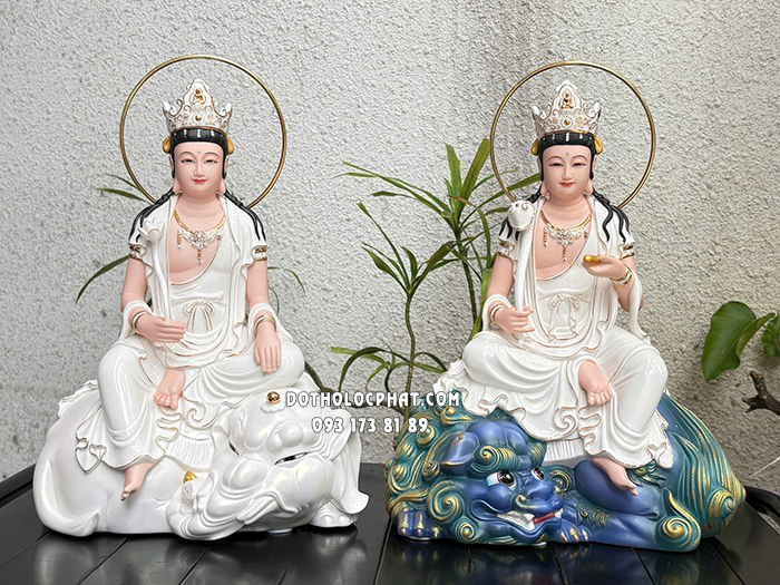 Tượng Văn Thù Phổ Hiền Bồ Tát Sứ Cưỡi Sư Tử Xanh Voi Trắng VTPH-019