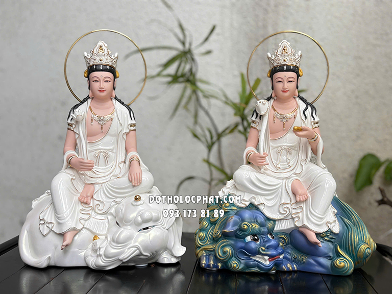 Tượng Văn Thù Phổ Hiền Bồ Tát Sứ Cưỡi Sư Tử Xanh Voi Trắng VTPH-019