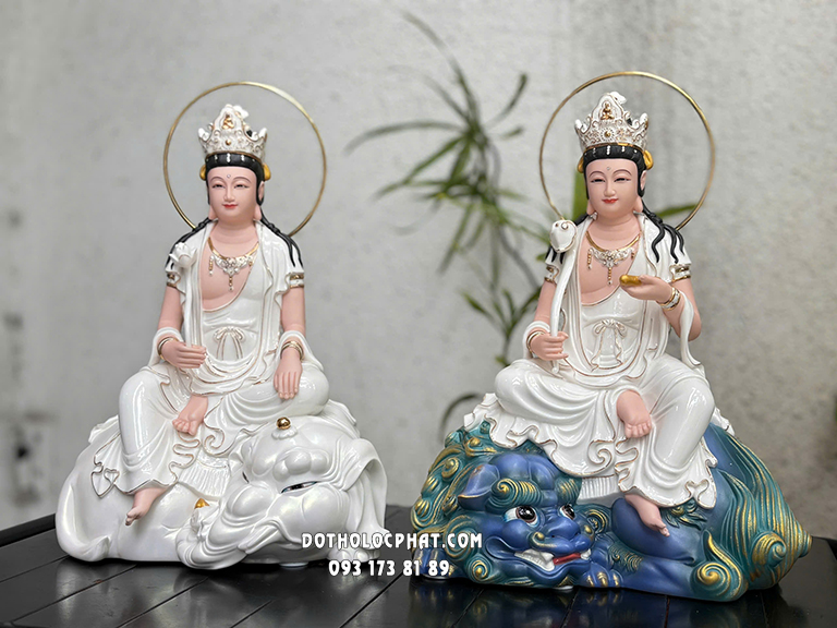 Tượng Văn Thù Phổ Hiền Bồ Tát Sứ Cưỡi Sư Tử Xanh Voi Trắng VTPH-019