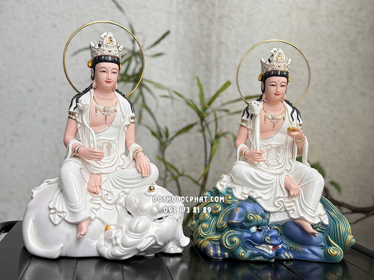 Tượng Văn Thù Phổ Hiền Bồ Tát Sứ Cưỡi Sư Tử Xanh Voi Trắng VTPH-019 