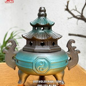 Lư xông trầm lò bát quái ba chân bằng sứ men xanh