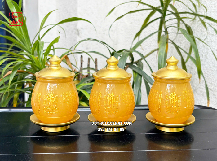 Chén nước thờ cúng khắc tâm kinh chữ Phật bằng bột đá thạch anh