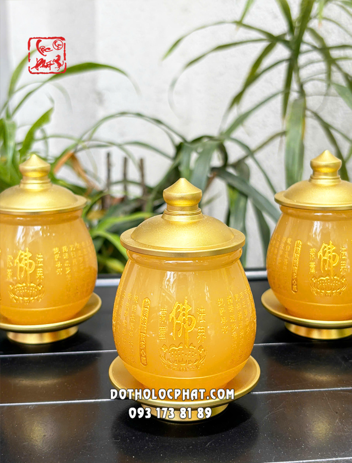 Chén nước thờ cúng khắc tâm kinh chữ Phật bằng bột đá thạch anh