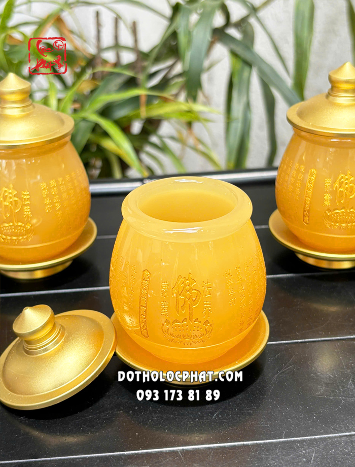 Chén nước thờ cúng khắc tâm kinh chữ Phật bằng bột đá thạch anh
