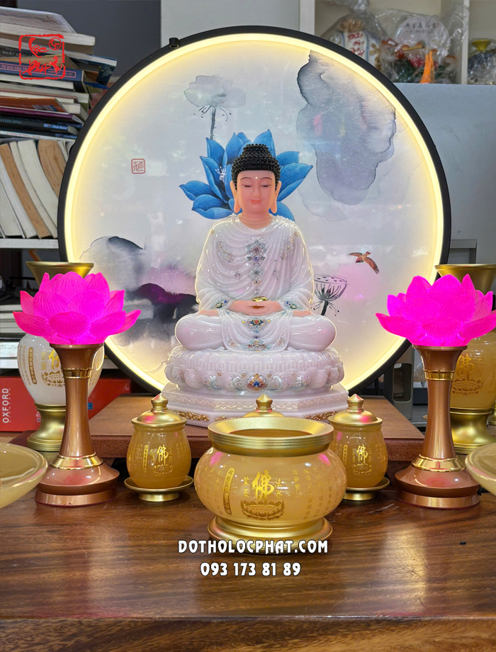 Đèn thờ hoa sen lưu ly thân nâu hợp kim bọc đồng 