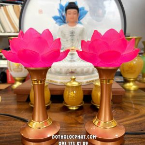 Đèn thờ hoa sen lưu ly thân nâu hợp kim bọc đồng