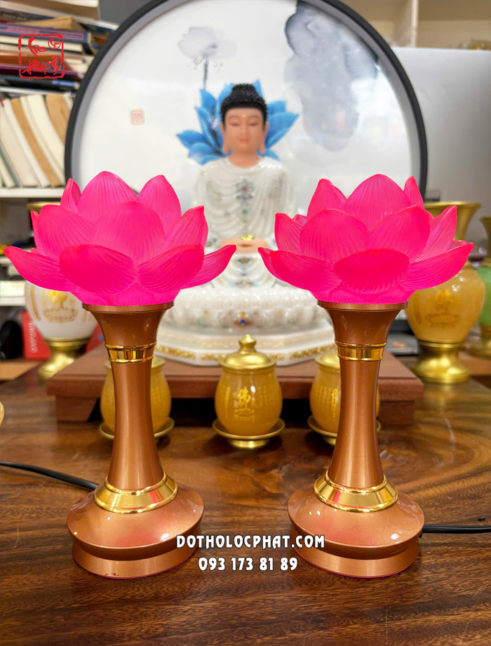 Đèn thờ hoa sen lưu ly thân nâu hợp kim bọc đồng